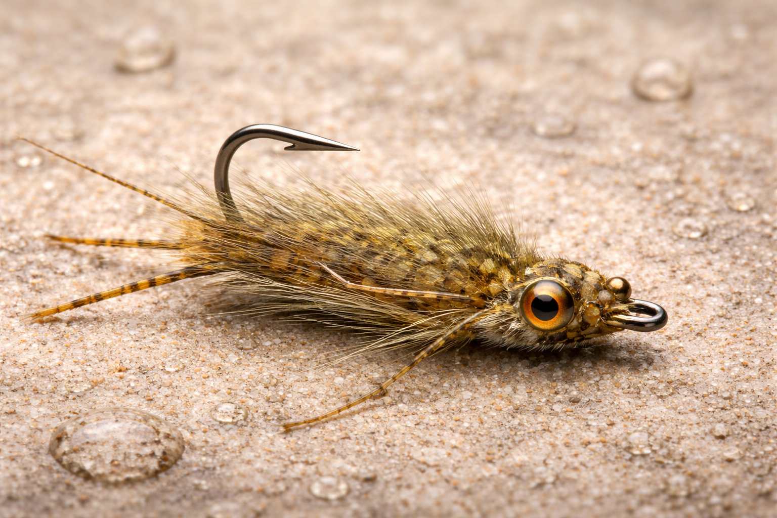 Fishing fly on a sandy surface